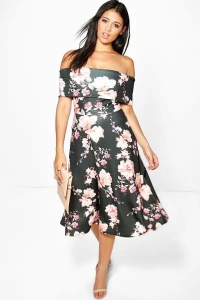 Black Off The Shoulder Midi Skater Dress