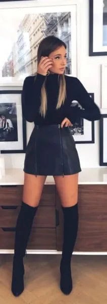 Black Sweater with Mini Suede Skater Skirt & Long Boots