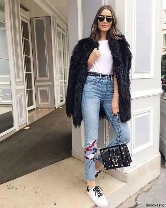 Faux Fur Coat and Embroidered Jeans