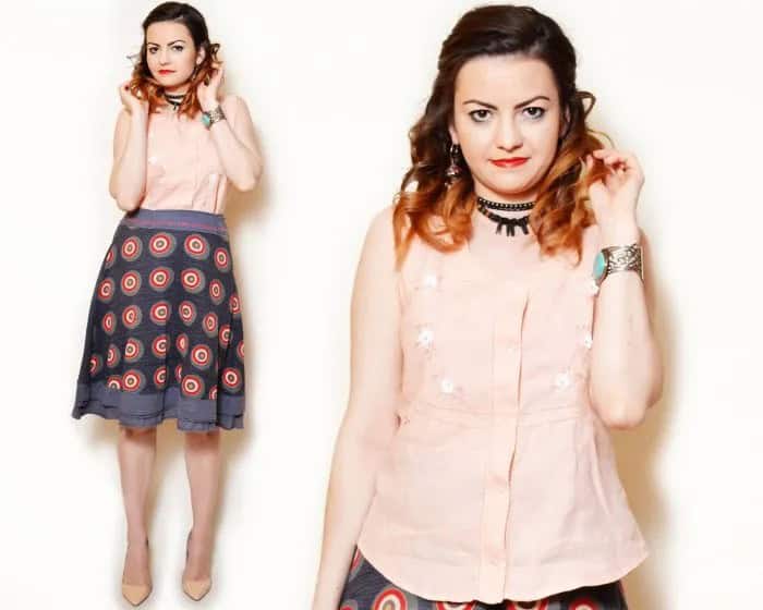 Light Peach Floral Embroidered Sleeveless Shirt with Navy Printed Skirt