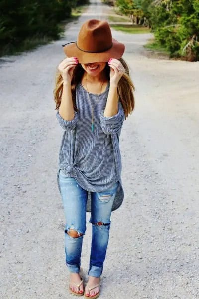 Grey Knotted Oversized Long Sleeve Tee & Green Floppy Hat