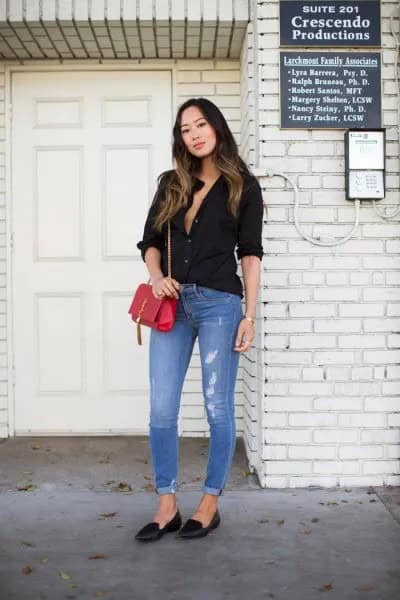 Black Button Down Shirt with Light Blue Cuffed Skinny Jeans