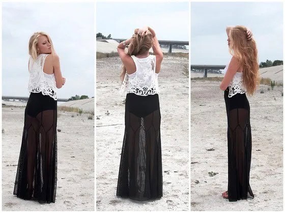 White Lace Vest with Black Maxi Skirt