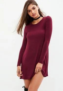 Burgundy Long Sleeve Form Fitting T Shirt Dress with Thigh High Boots