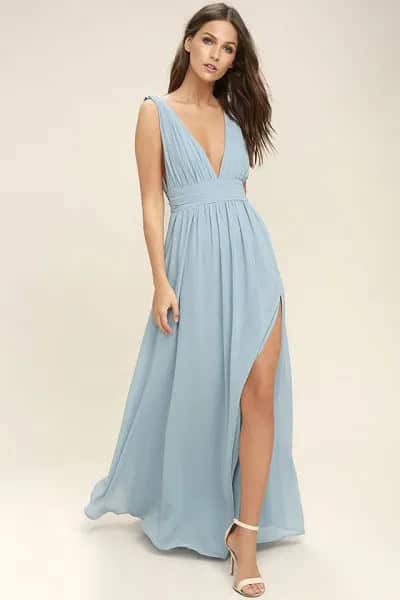 Gathered Waist Light Teal Blue High Split Chiffon Dress with White Open Toe Heels