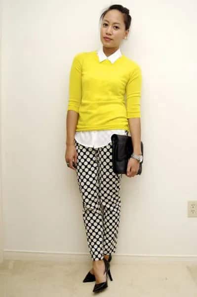 White Button Up Shirt with Yellow Sweater & Checkered Pants