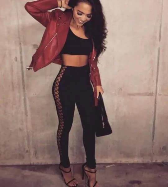 Black Crop Top with Red Leather Moto Jacket & Lace Up Pants