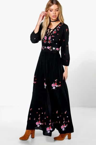 Black Gathered Waist Deep V Neck Maxi Dress