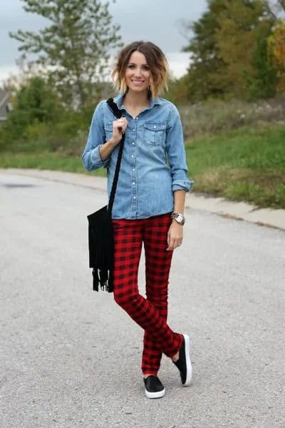 Light Blue Button Up Chambray Shirt with Red and Black Plaid Pants