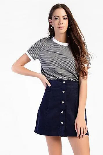 Black and White Striped Tee with Corduroy High Waisted Skirt