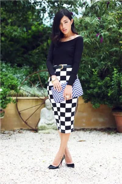 Black Boat Neck Top with Bodycon Midi Checkered Skirt