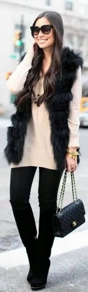 Black Faux Fur Vest with Pale Yellow Sweater & Black Skinny Jeans