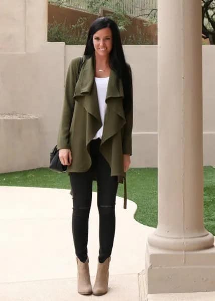 Green Waterfall Chiffon Cardigan with Black Skinny Jeans & Camel Suede Boots