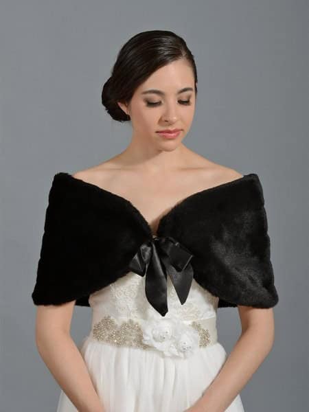 White Wedding Dress with Black Faux Fur Shawl