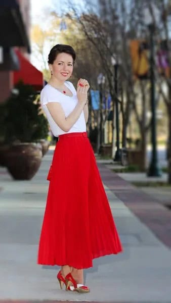 Red Maxi Pleated Skirt with White Chiffon T Shirt