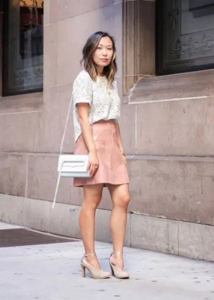 White Lace Short Sleeve Top with Pale Pink Leather Mini Skirt