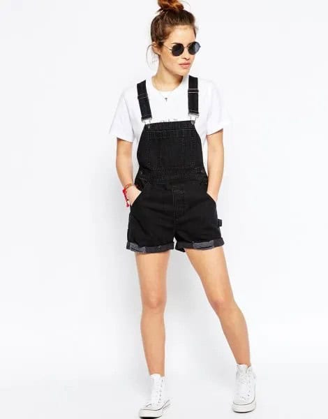 Black Overall Shorts with White Tee & High Top Sneakers