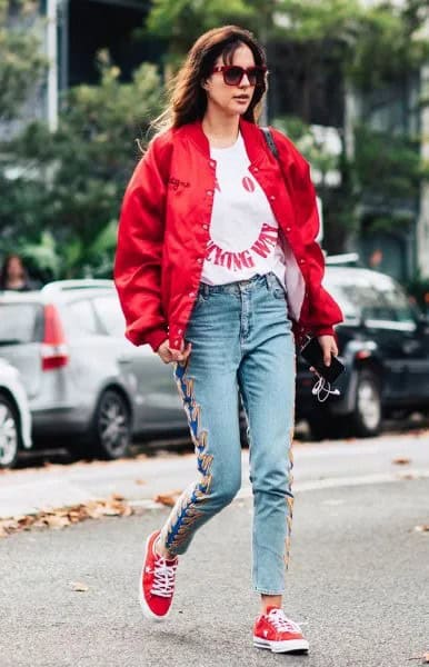 Red Bomber Jacket with White Graphic Tee & Embroidered Mom Jeans