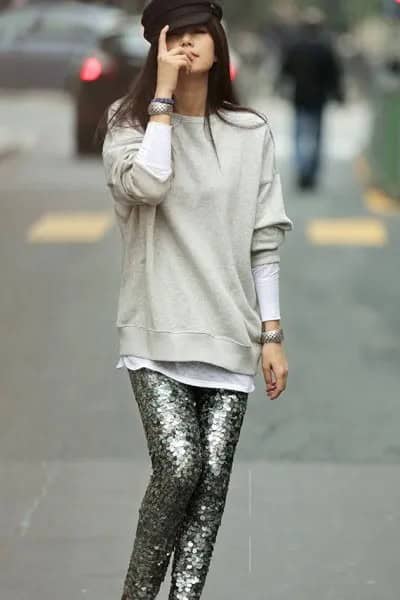 Light Grey Sweatshirt with Silver Sequin Pants