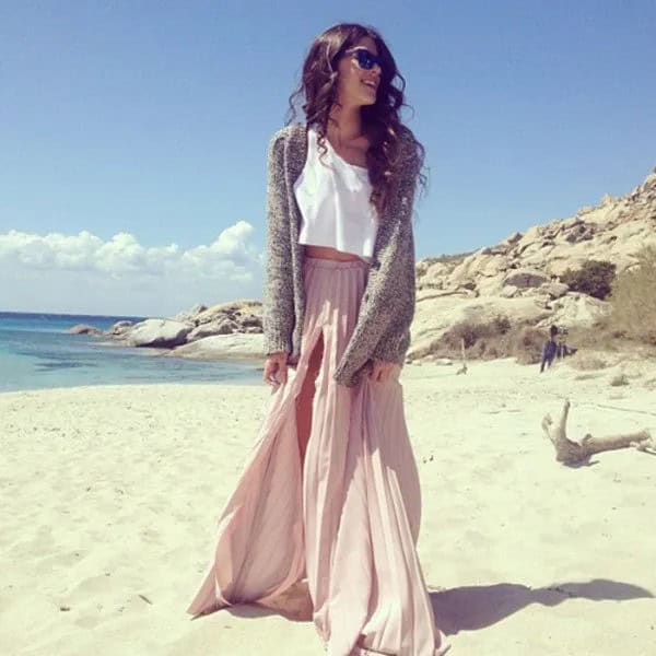 Light Grey Pleated Double Slit Maxi Dress with White Crop Top & Cardigan