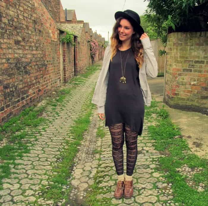 Grey Tunic Dress with White Cardigan & Patterned Tights