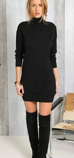 Black High Neck Sweater Dress with Thigh High Boots