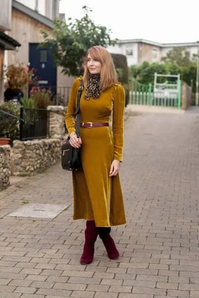 Orange Belted Long Sleeve Velvet Midi Dress with Boots