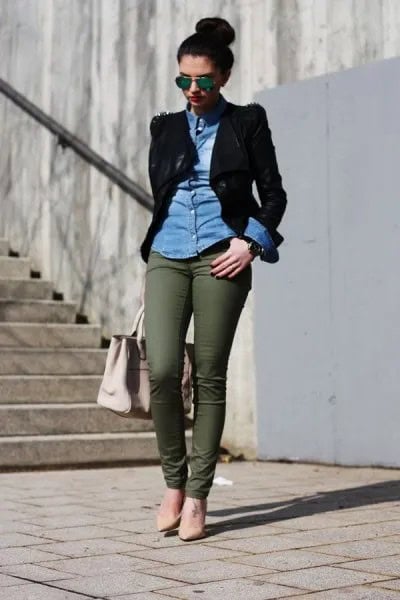 Blue Chambray Shirt with Black Blazer & Army Green Chinos