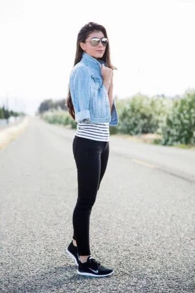 Horizontal Striped Tee, Denim Jacket & Leggings