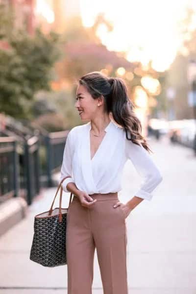 White Chiffon Wrap Top with Blush Pink Dress Pants