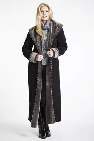 Black Maxi Shearling Coat with Heather Grey Turtleneck Knit Sweater