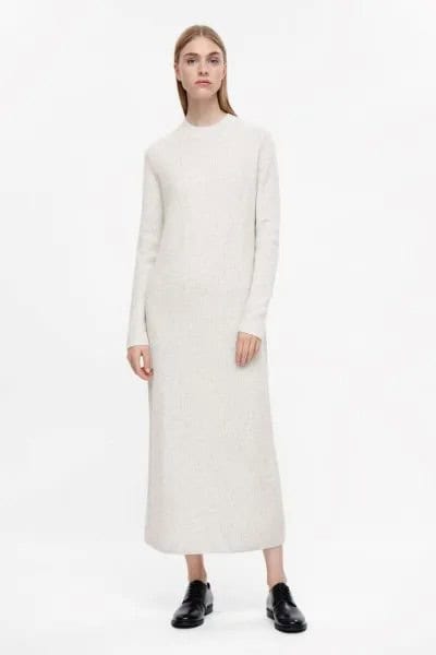 White Mock Neck Maxi Cashmere Dress with Black Loafers