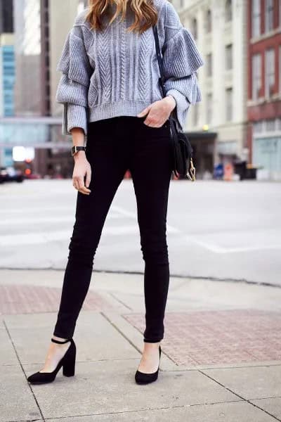 Tiffany Blue Chunky Knit Sweater with Black Ankle Strap Heels