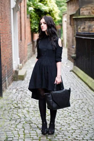 Black Off The Shoulder Gathered Waist Midi Flared Dress