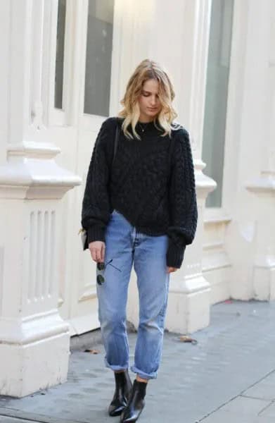 Black Chunky Sweater with Cuffed Mama Jeans