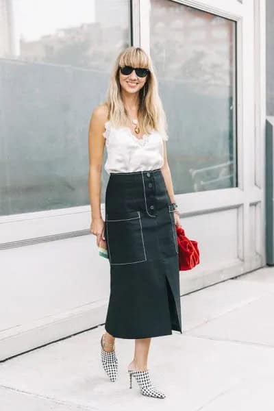 White Sleeveless Ruffle Top with Black Relaxed Fit High Waisted Maxi Skirt