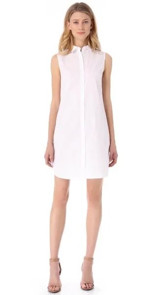 White Chiffon Sleeveless Shirt Dress with Pale Pink Open Toe Heels