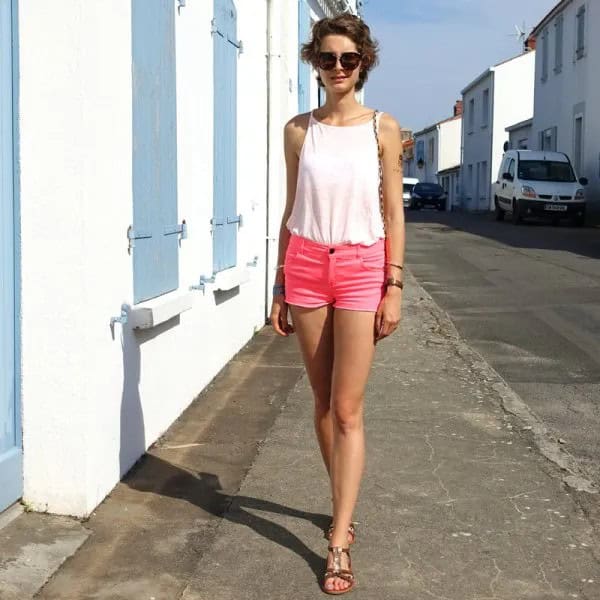 White Vest Top with Mini Denim Shorts & sandals