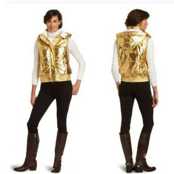 Gold Shiny Hooded Vest with White Mock Neck Long Sleeve Tee