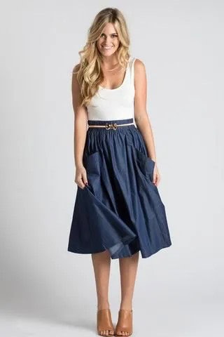 White Scoop Neck Tank Top with Navy Blue Midi Pleated Belted Skirt with Front Pockets