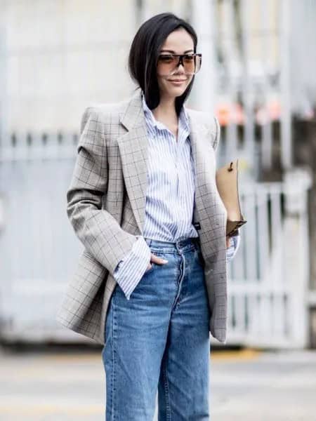 Grey Tweed Oversized Blazer with Blue High Rise Jeans