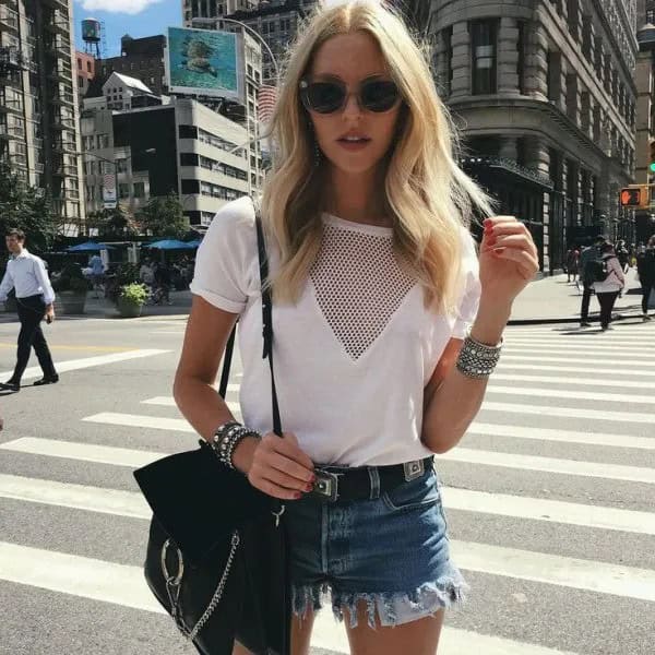 White T Shirt with Mesh Neckline