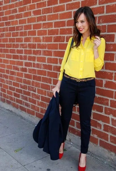 Yellow Button Up Shirt with Black Chinos & Red Heels