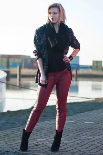 Plaid Oversized Blazer with Black Top & Skinny Leather Pants