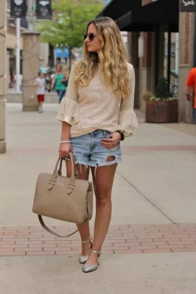 Light Pink Bell Sleeve Blouse with Blue Denim Mini Shorts