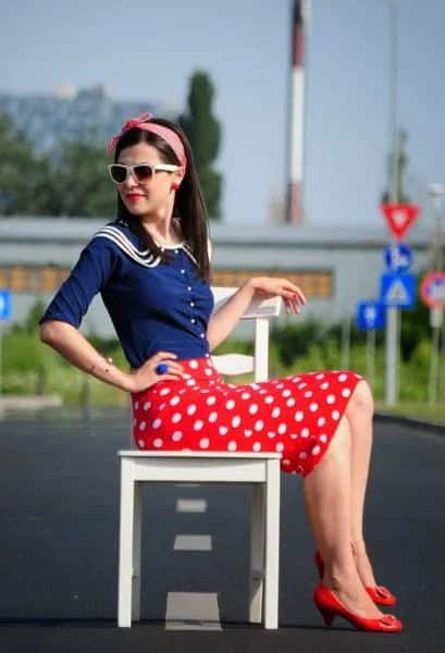 Navy Half Sleeve Shirt with Red Pencil Skirt