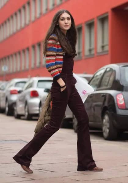 Multi-Color Knit Sweater with Brown Flared Leg Velvet Overalls