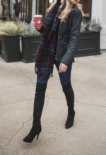 Wear with Navy and Black Plaid Wool Scarf