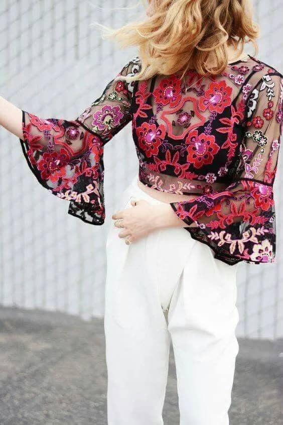 White Jeans + Embroidered Mesh Top