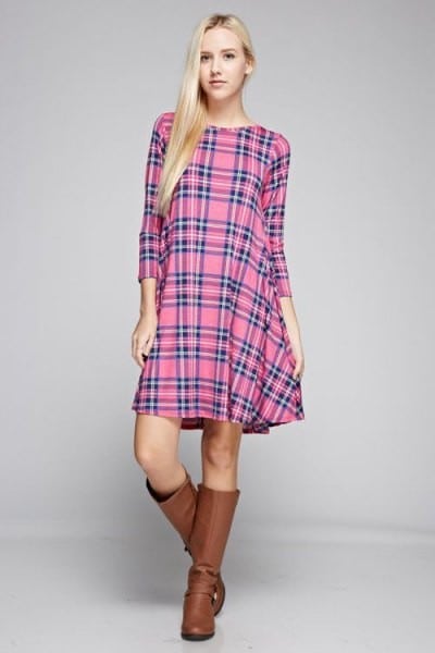 Pink Plaid Tunic with Brown Leather Boots